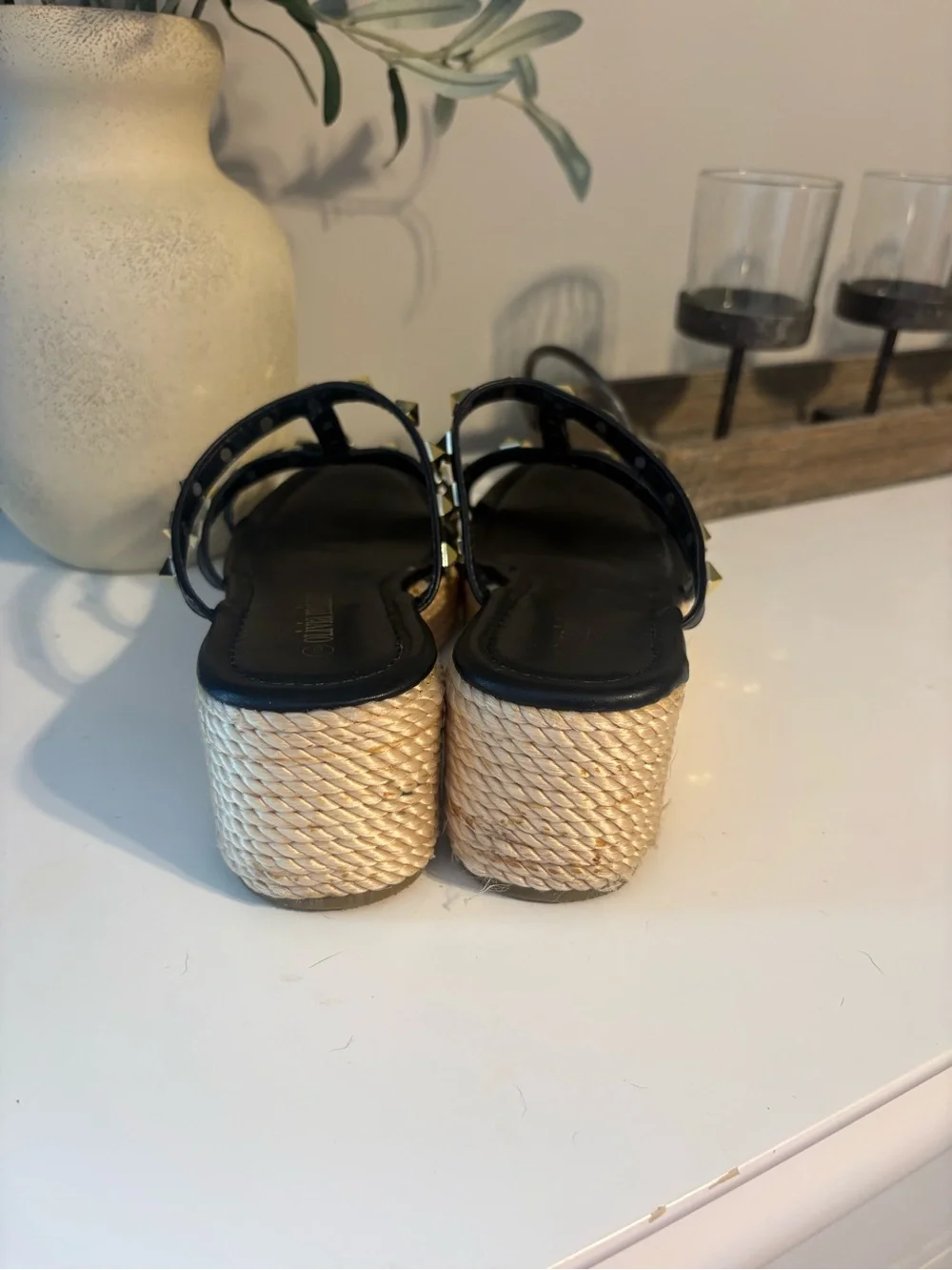 Olivia Miller Black Studded Wedge Espadrille Sandals